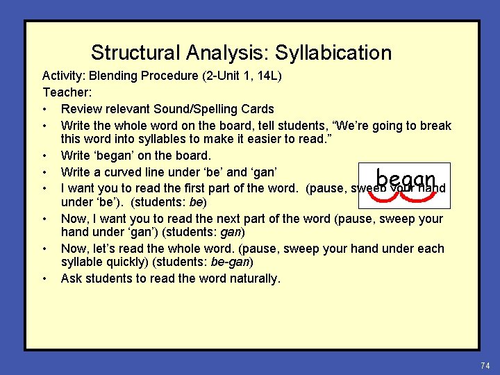 Structural Analysis: Syllabication Activity: Blending Procedure (2 -Unit 1, 14 L) Teacher: • Review