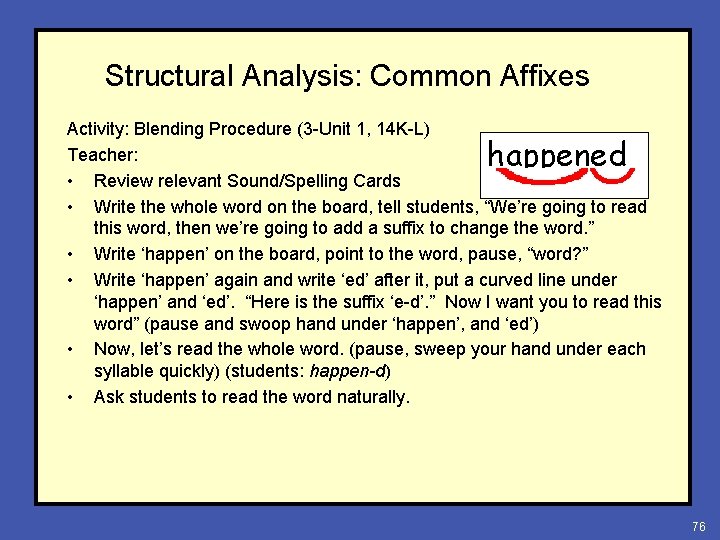 Structural Analysis: Common Affixes Activity: Blending Procedure (3 -Unit 1, 14 K-L) Teacher: •