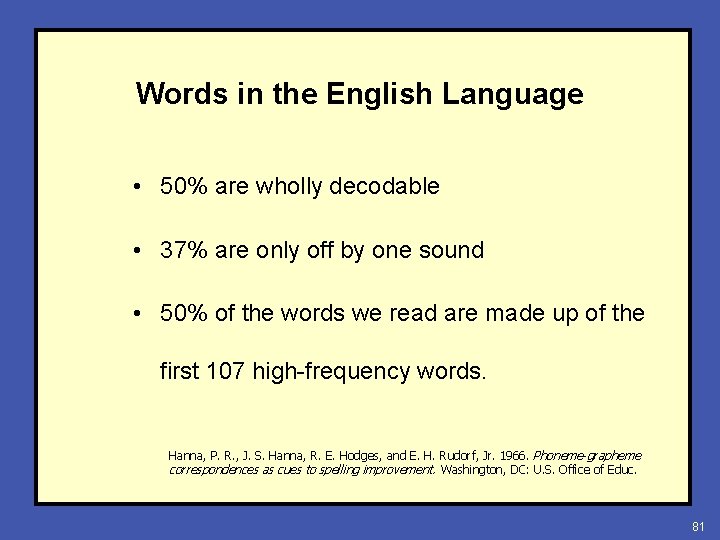 Words in the English Language • 50% are wholly decodable • 37% are only