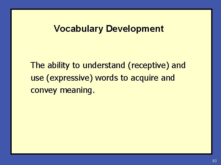 Vocabulary Development The ability to understand (receptive) and use (expressive) words to acquire and