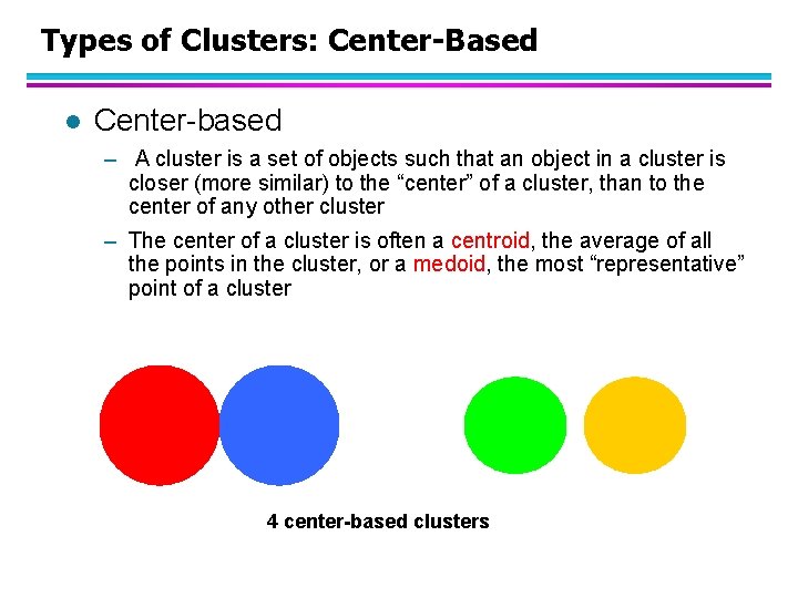 Types of Clusters: Center-Based l Center-based – A cluster is a set of objects