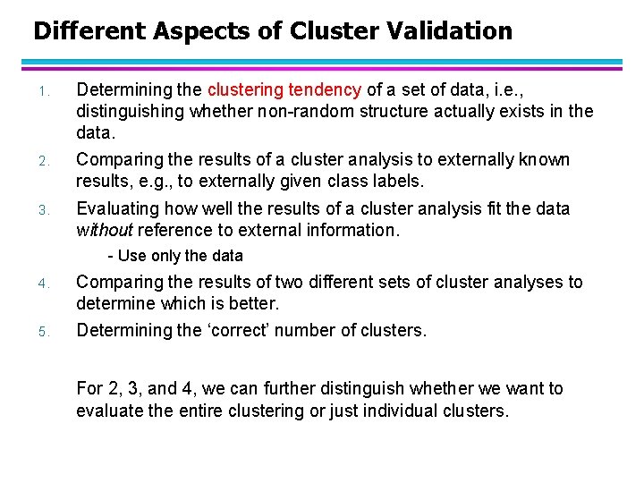 Different Aspects of Cluster Validation 1. Determining the clustering tendency of a set of