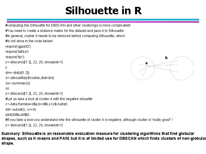 Silhouette in R #computing the Silhouette for DBSCAN and other clusterings is more complicated!