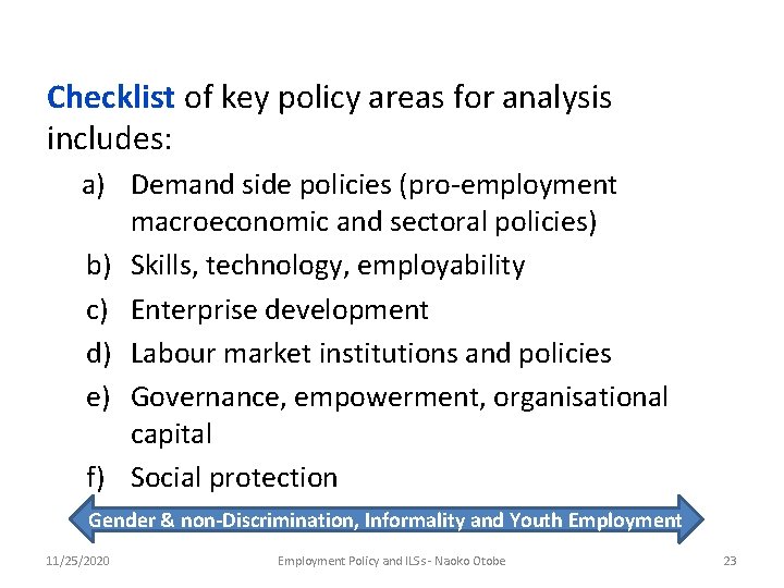  Checklist of key policy areas for analysis includes: a) Demand side policies (pro-employment