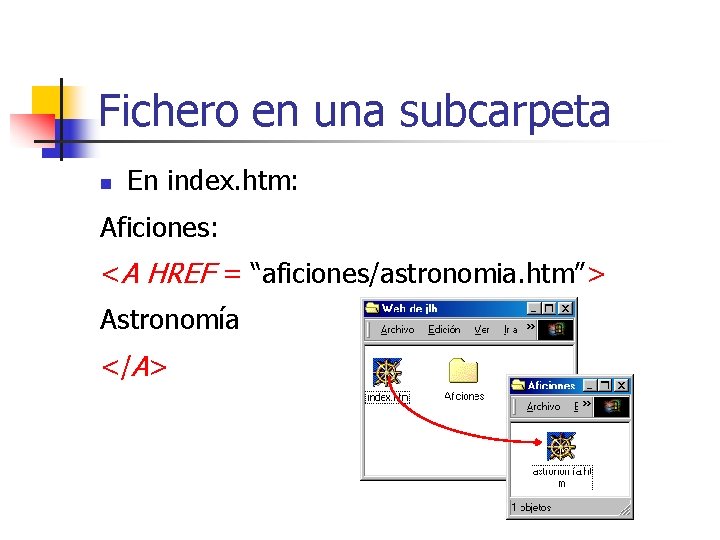 Fichero en una subcarpeta n En index. htm: Aficiones: <A HREF = “aficiones/astronomia. htm”>