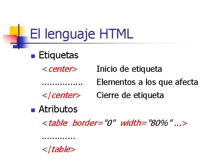 El lenguaje HTML n n Etiquetas <center> Inicio de etiqueta . . . .