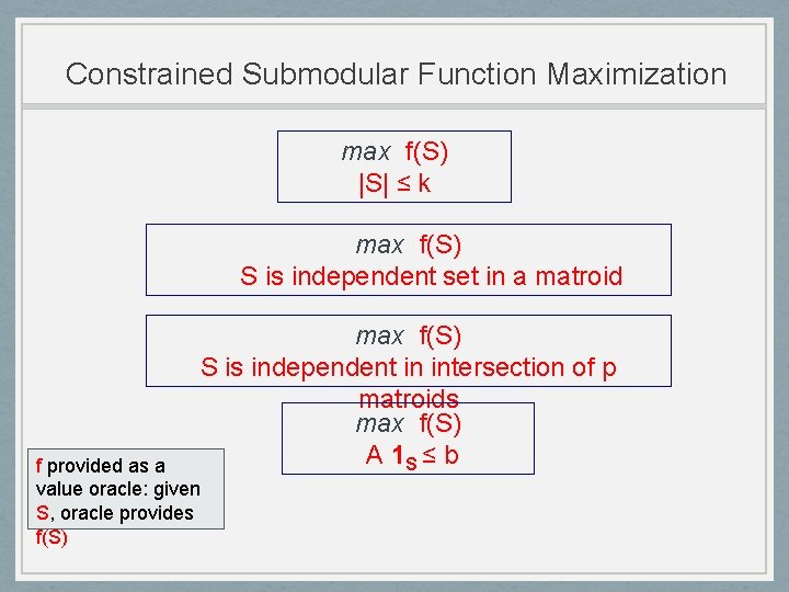 Constrained Submodular Function Maximization max f(S) |S| ≤ k max f(S) S is independent