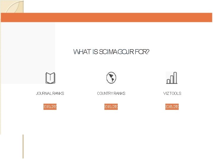 WHAT IS SCIMAGOJRFOR? JOURNAL RANKS COUNTRY RANKS VIZ TOOLS EXPLORE 