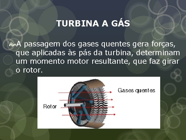 TURBINA A GÁS A passagem dos gases quentes gera forças, que aplicadas às pás