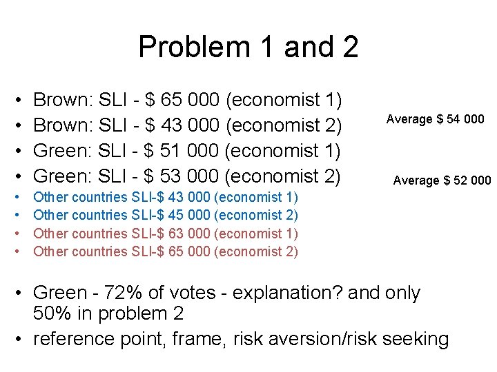 Problem 1 and 2 • • Brown: SLI - $ 65 000 (economist 1)