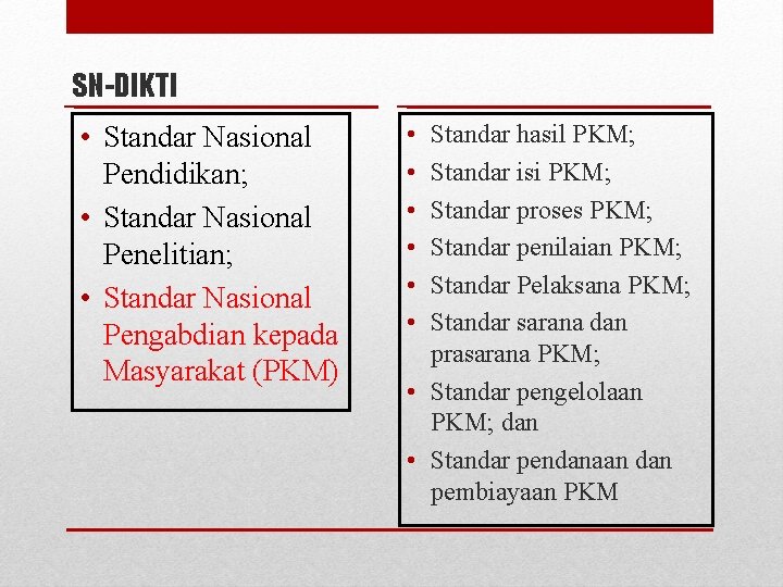 SN-DIKTI • Standar Nasional Pendidikan; • Standar Nasional Penelitian; • Standar Nasional Pengabdian kepada