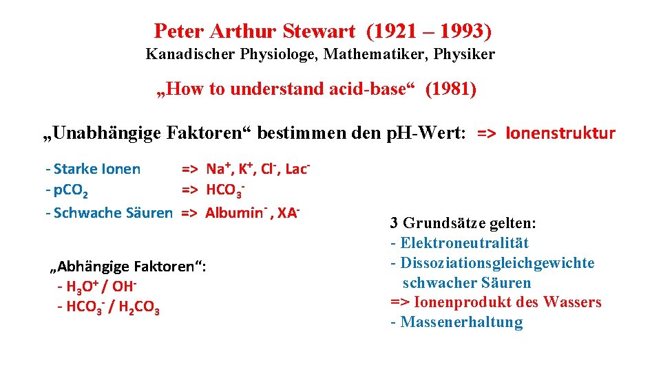 Peter Arthur Stewart (1921 – 1993) Kanadischer Physiologe, Mathematiker, Physiker „How to understand acid-base“