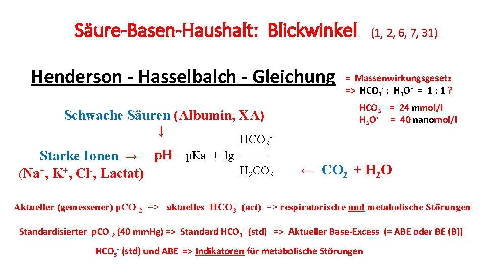 Säure-Basen-Haushalt: Blickwinkel Henderson - Hasselbalch - Gleichung Schwache Säuren (Albumin, XA) ↓ (1, 2,