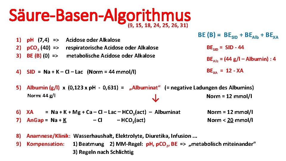 Säure-Basen-Algorithmus (9, 15, 18, 24, 25, 26, 31) 1) p. H (7, 4) =>