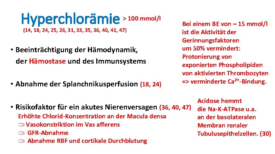 Hyperchlorämie > 100 mmol/l (14, 18, 24, 25, 26, 31, 33, 35, 36, 40,