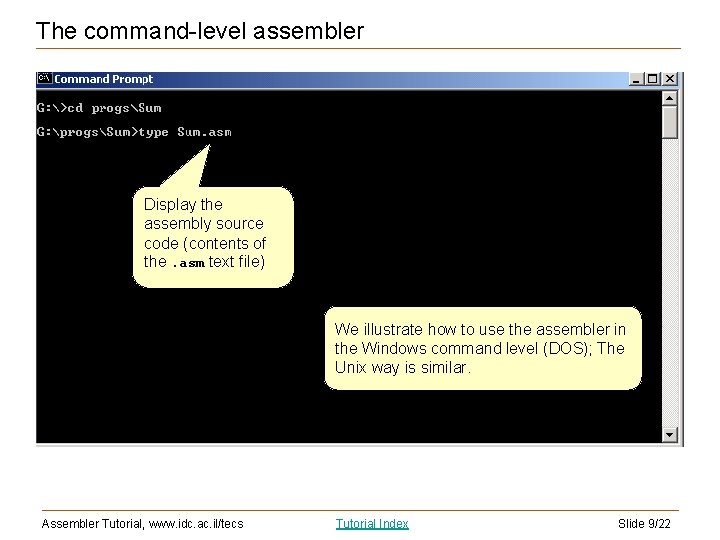 The command-level assembler Display the assembly source code (contents of the. asm text file)
