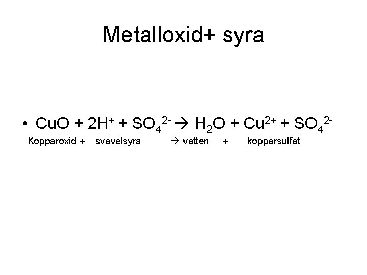 Metalloxid+ syra • Cu. O + 2 H+ + SO 42 - H 2