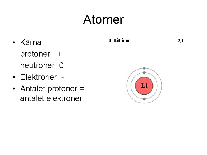 Atomer • Kärna protoner + neutroner 0 • Elektroner • Antalet protoner = antalet