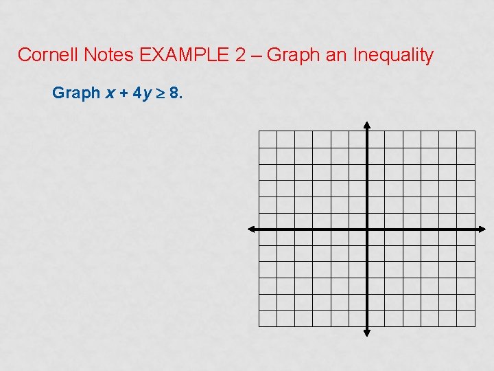Cornell Notes EXAMPLE 2 – Graph an Inequality Graph x + 4 y 8.