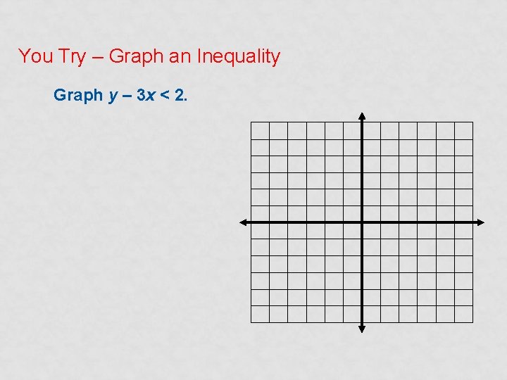 You Try – Graph an Inequality Graph y – 3 x < 2. 