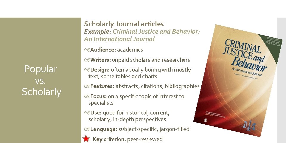 Scholarly Journal articles Example: Criminal Justice and Behavior: An International Journal Audience: academics Popular