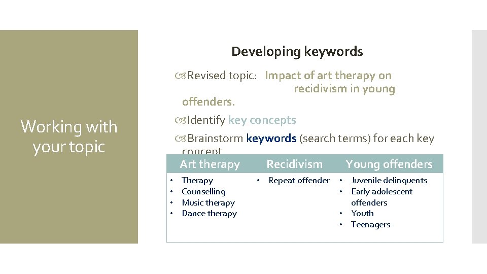 Developing keywords Revised topic: Impact of art therapy on recidivism in young offenders. Identify