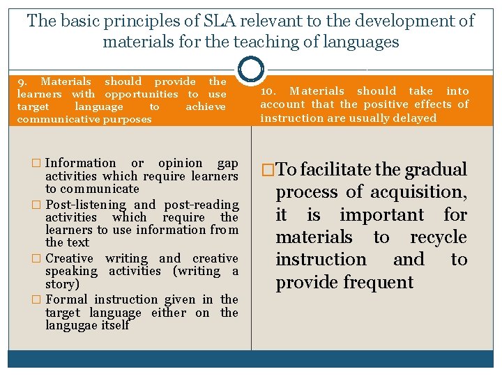 The basic principles of SLA relevant to the development of materials for the teaching