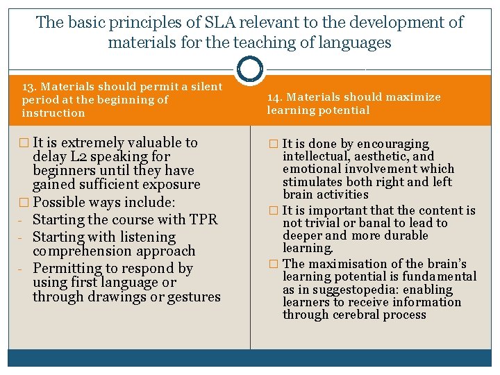 The basic principles of SLA relevant to the development of materials for the teaching