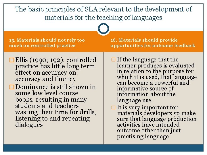 The basic principles of SLA relevant to the development of materials for the teaching