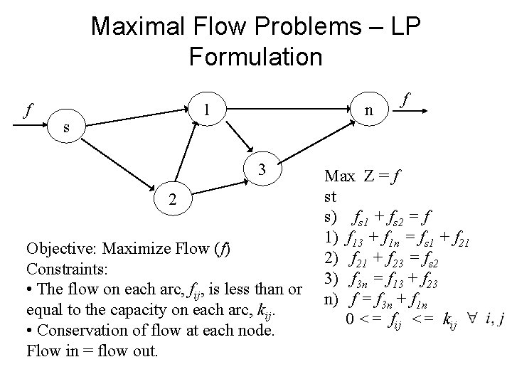 Maximal Flow Problems – LP Formulation f 1 s n 3 2 Objective: Maximize Maximal Flow Problems – LP Formulation f 1 s n 3 2 Objective: Maximize