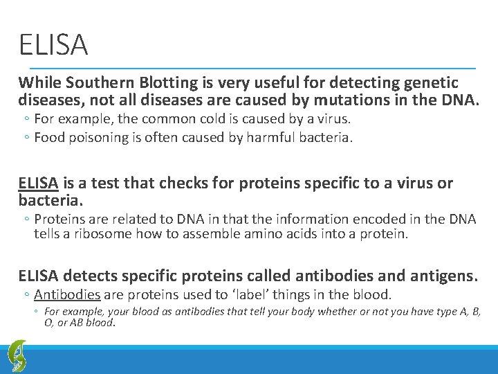 ELISA While Southern Blotting is very useful for detecting genetic diseases, not all diseases