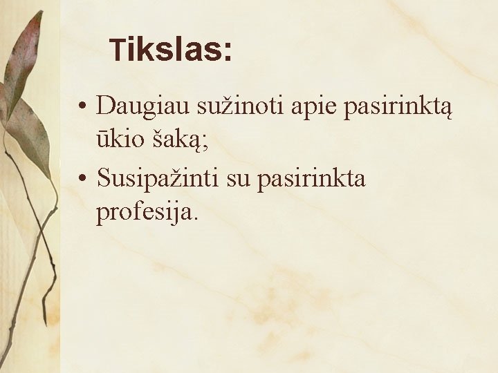 Tikslas: • Daugiau sužinoti apie pasirinktą ūkio šaką; • Susipažinti su pasirinkta profesija. 