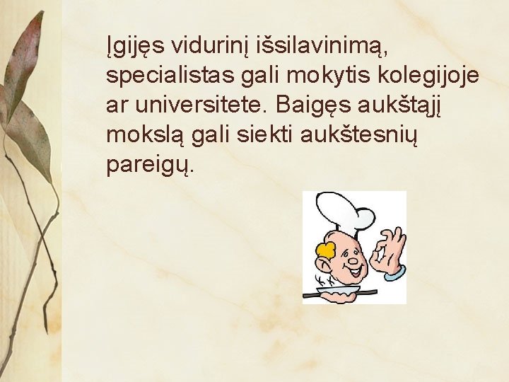 Įgijęs vidurinį išsilavinimą, specialistas gali mokytis kolegijoje ar universitete. Baigęs aukštąjį mokslą gali siekti