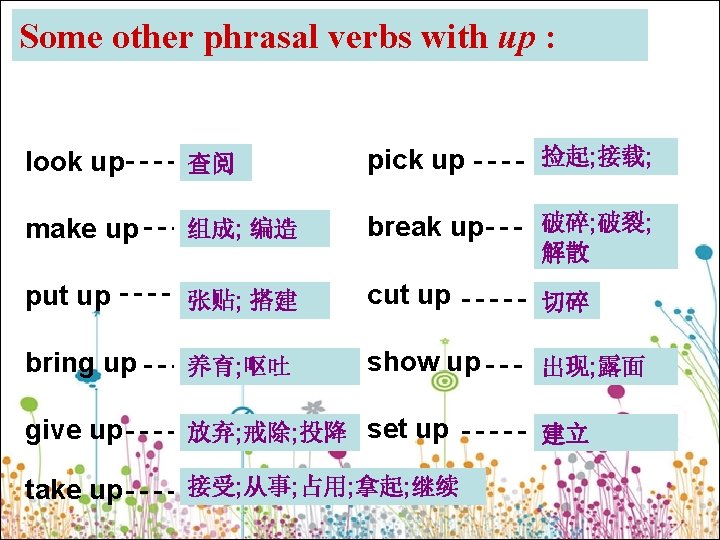 Some other phrasal verbs with up : speed up 加速 sweep up 清扫 look