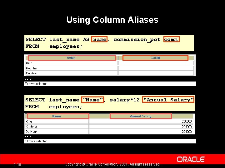 Using Column Aliases SELECT last_name AS name, commission_pct comm FROM employees; … SELECT last_name