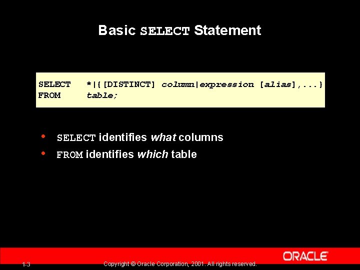 Basic SELECT Statement SELECT FROM • • 1 -3 *|{[DISTINCT] column|expression [alias], . .