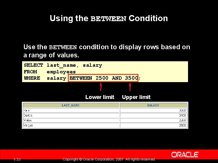 Using the BETWEEN Condition Use the BETWEEN condition to display rows based on a