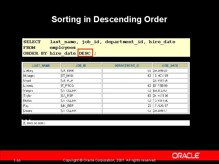 Sorting in Descending Order SELECT last_name, job_id, department_id, hire_date FROM employees ORDER BY hire_date