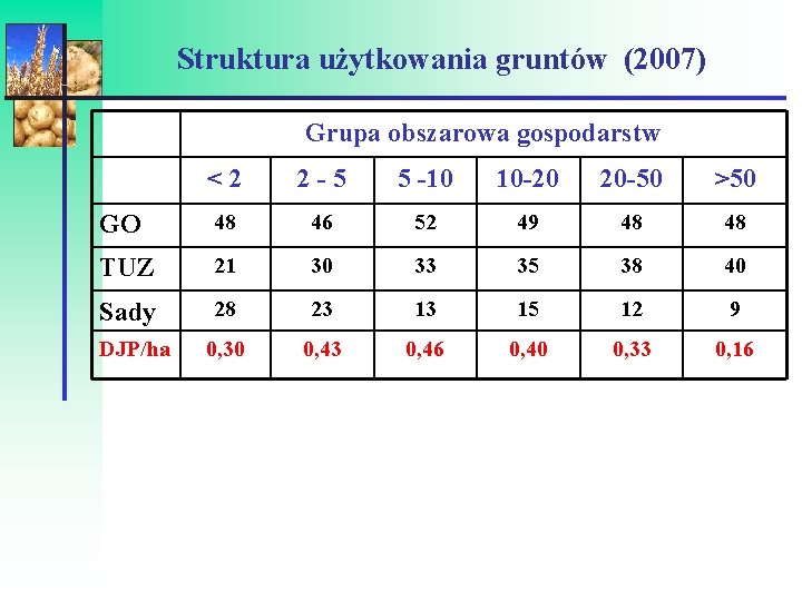 Struktura użytkowania gruntów (2007) Grupa obszarowa gospodarstw <2 2 -5 5 -10 10 -20