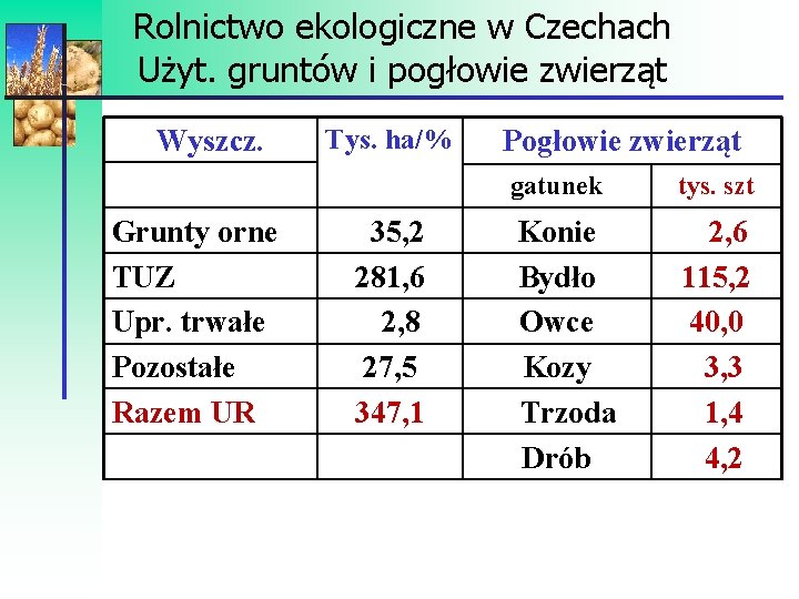 Rolnictwo ekologiczne w Czechach Użyt. gruntów i pogłowie zwierząt Wyszcz. Grunty orne TUZ Upr.