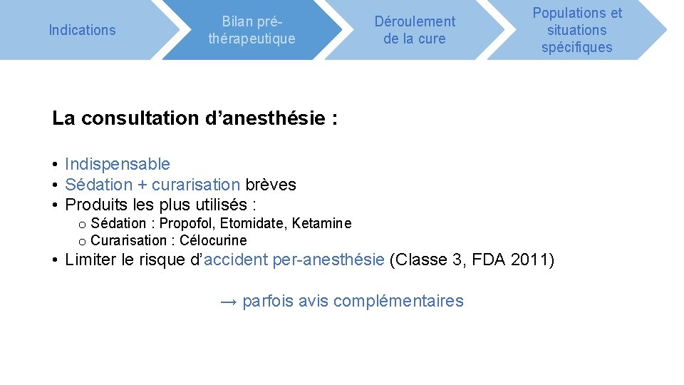 Indications Bilan préthérapeutique Déroulement de la cure Populations et situations spécifiques La consultation d’anesthésie