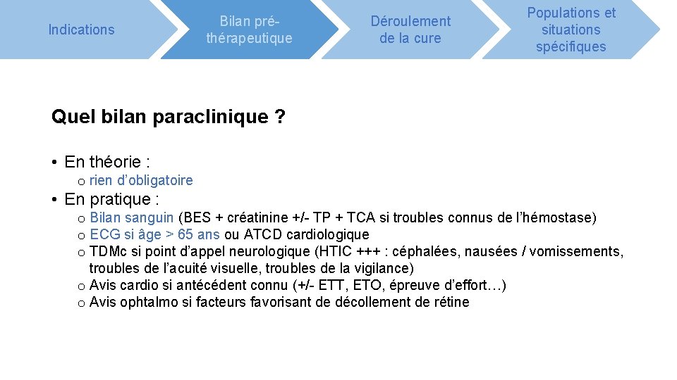 Indications Bilan préthérapeutique Déroulement de la cure Populations et situations spécifiques Quel bilan paraclinique