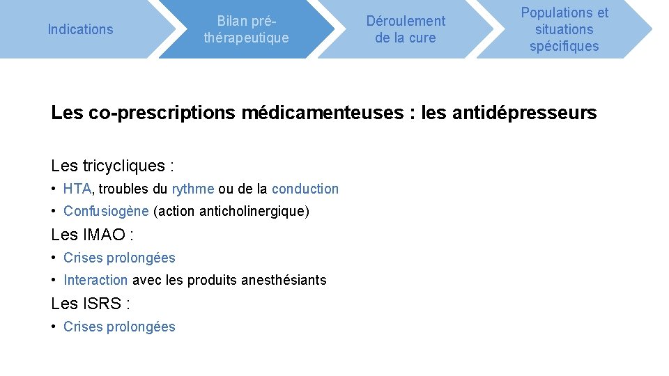 Indications Bilan préthérapeutique Déroulement de la cure Populations et situations spécifiques Les co-prescriptions médicamenteuses