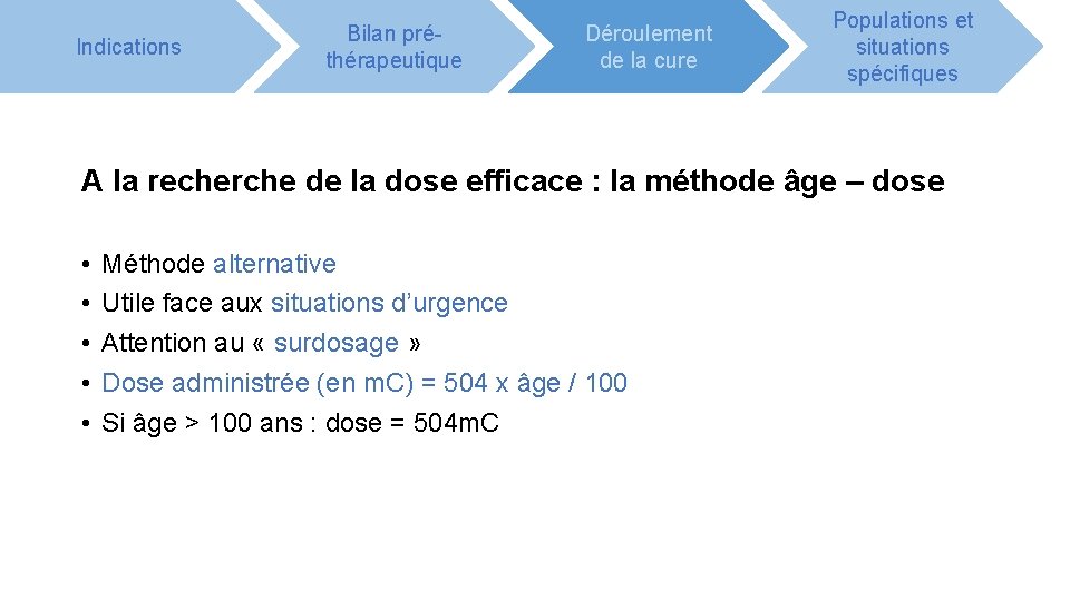 Indications Bilan préthérapeutique Déroulement de la cure Populations et situations spécifiques A la recherche