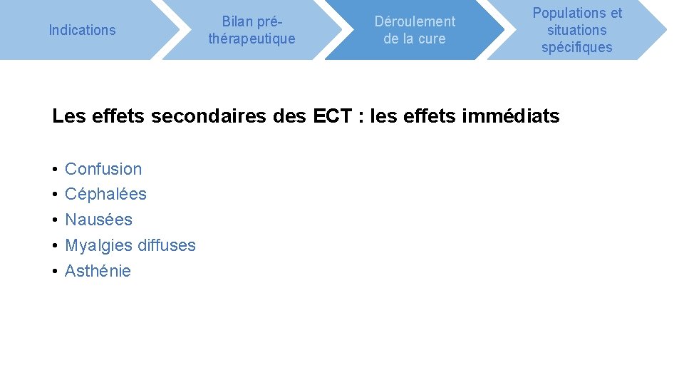 Indications Bilan préthérapeutique Déroulement de la cure Populations et situations spécifiques Les effets secondaires