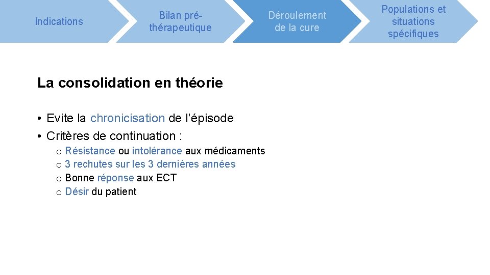 Indications Bilan préthérapeutique La consolidation en théorie • Evite la chronicisation de l’épisode •