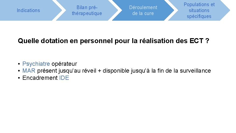 Indications Bilan préthérapeutique Déroulement de la cure Populations et situations spécifiques Quelle dotation en