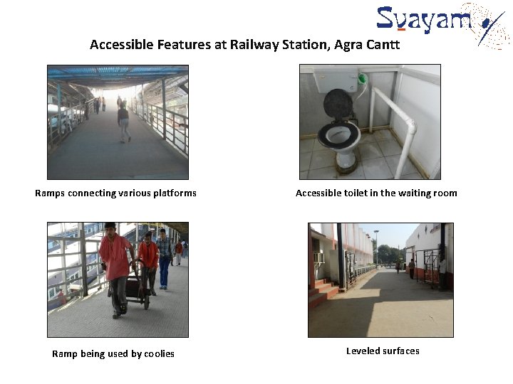 Accessible Features at Railway Station, Agra Cantt Ramps connecting various platforms Ramp being used