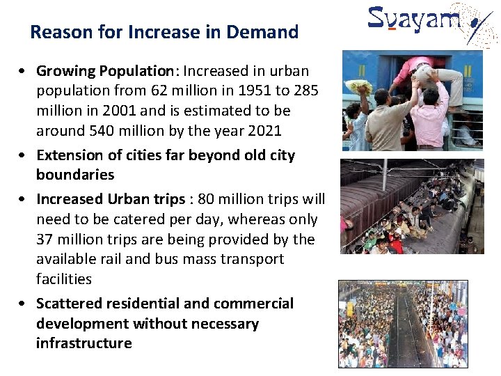 Reason for Increase in Demand • Growing Population: Increased in urban population from 62