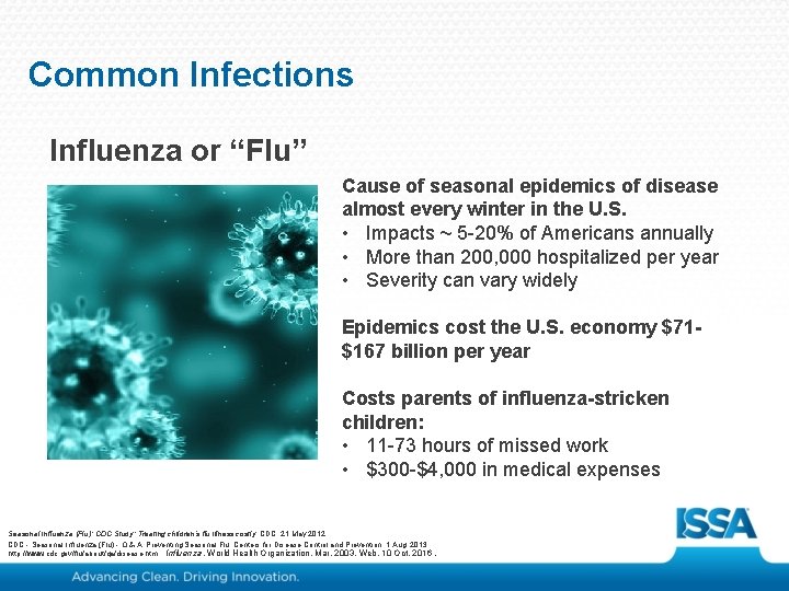 Common Infections Influenza or “Flu” Cause of seasonal epidemics of disease almost every winter